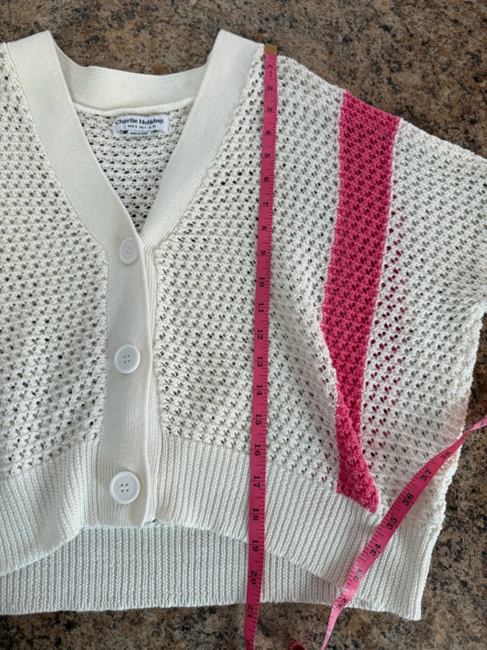 Anthropologie Charlie Holiday Cream Open Knit Cardigan with Bright Pink Stripes - Picture 6 of 6